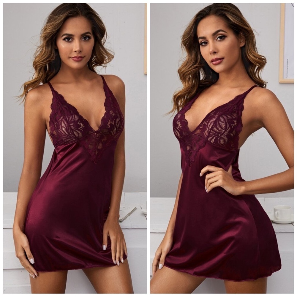 New Burgundy Red Satin Silk-Like Lace Nightgown​